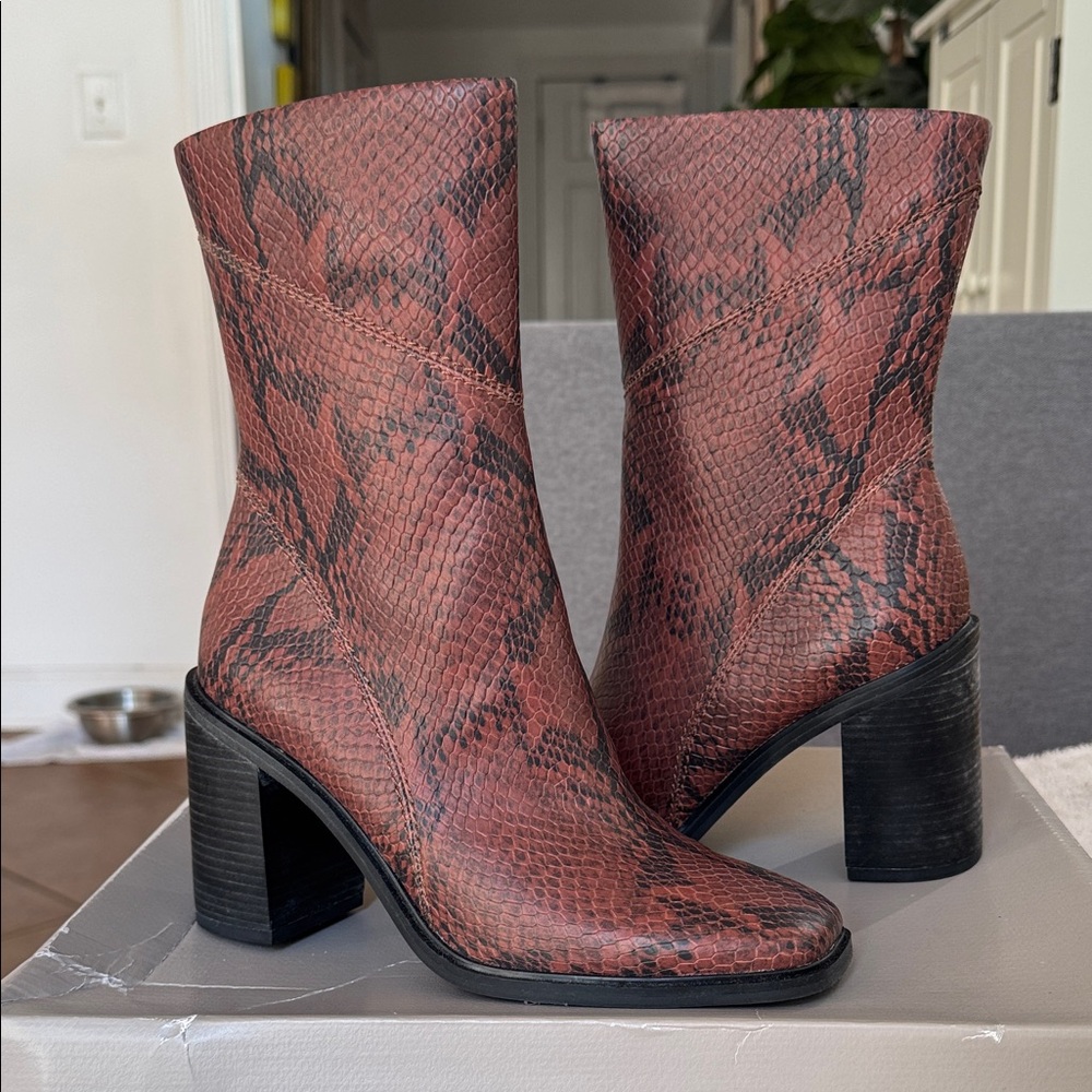 Franco Sarto Burgundy Snake-Print Block Heel Ankle Boots
